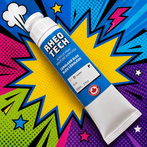 A rheotech paint tube on a colorful comic book style background
