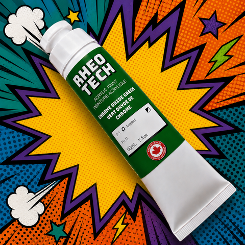 Aheo Tech acrylic paint tube on a colorful comic book style background
