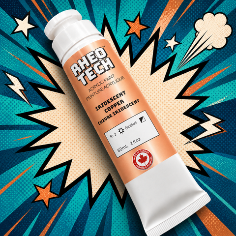 A tube of Rheo Tech acrylic paint on a colorful background with stars and lightning bolts.