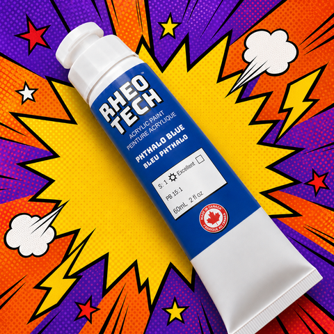 Rheotech acrylic paint tube on a colorful comic book style background