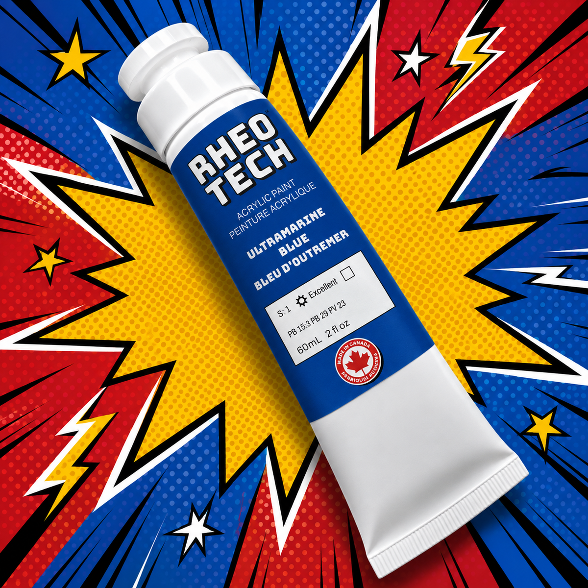 Rheo Tech acrylic paint tube on a colorful comic book style background