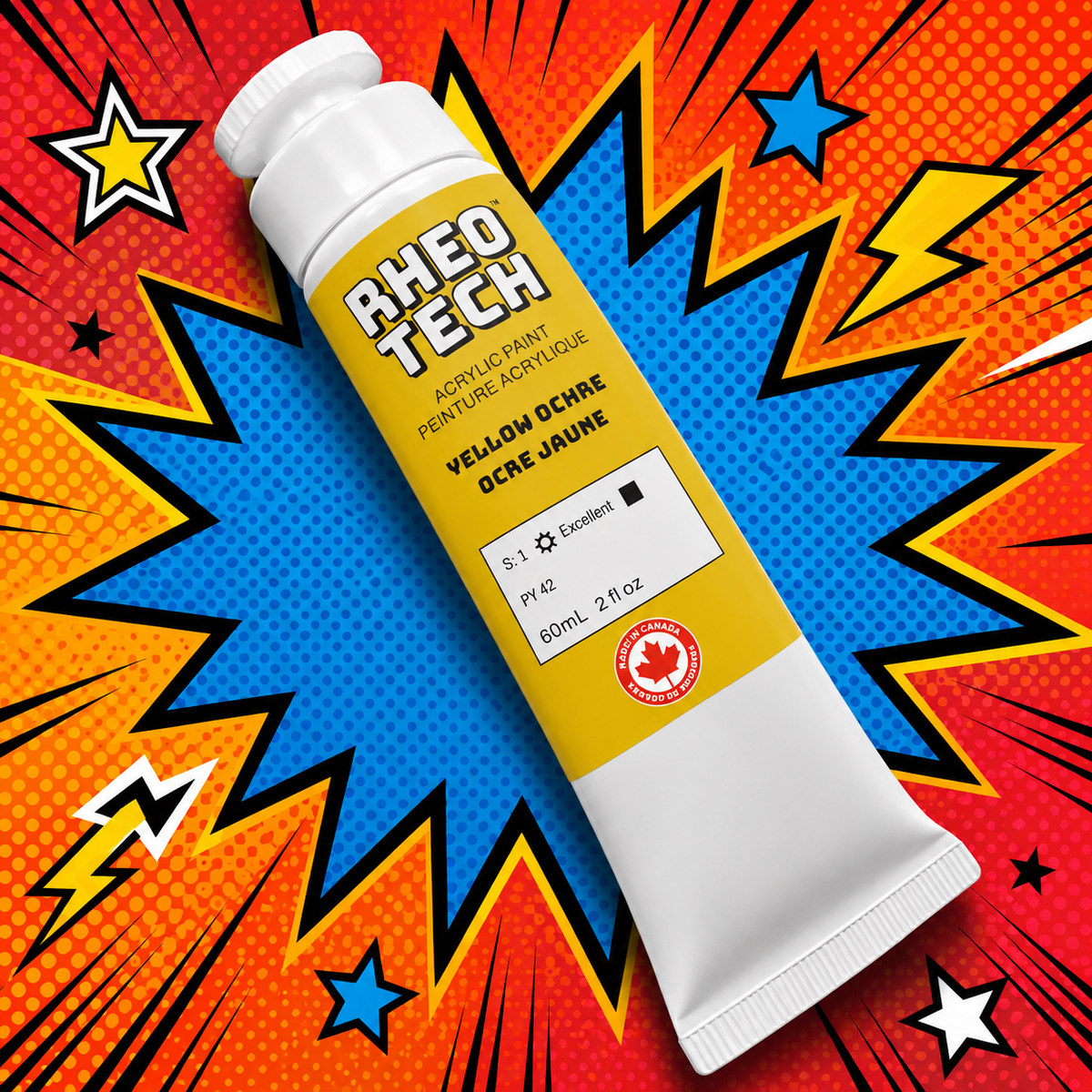 Rheo Tech acrylic paint tube on a colorful comic book style background