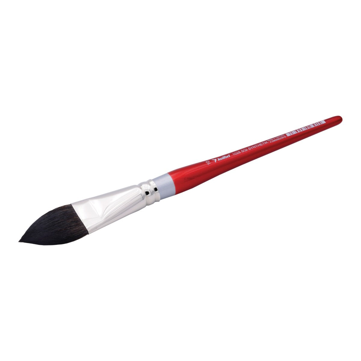 Paintbrush with red handle and black bristle head on a white background