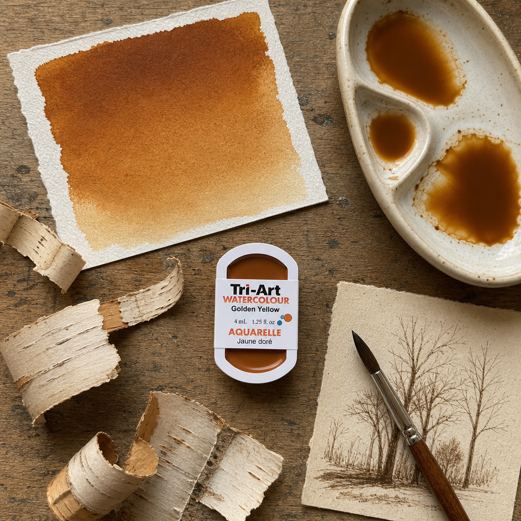 Tri-Art Watercolour pan Golden Yellow transparent watercolour, warm amber-ochre #75391c, 4mL artist paint