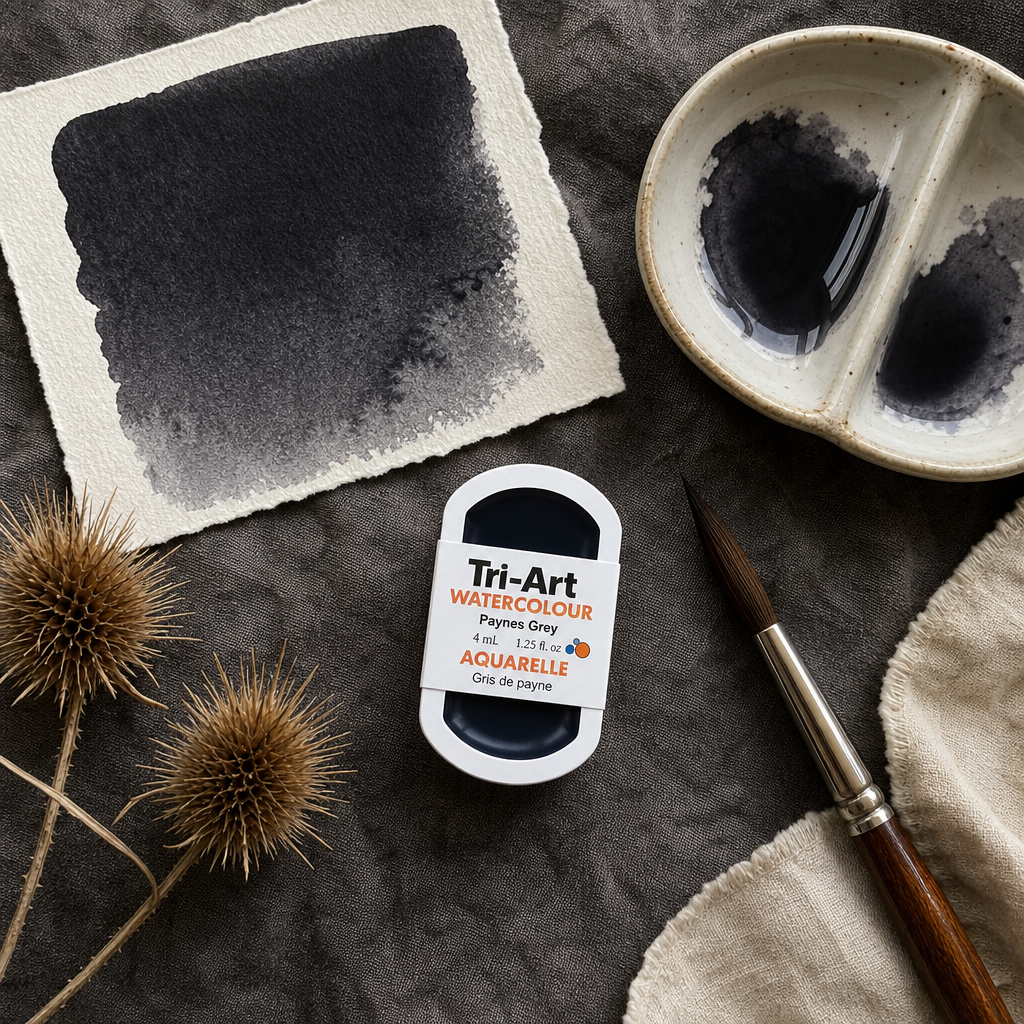 Tri-Art Watercolour pan Paynes Grey 4mL with painted swatch, ceramic palette, and dried teasel on grey linen