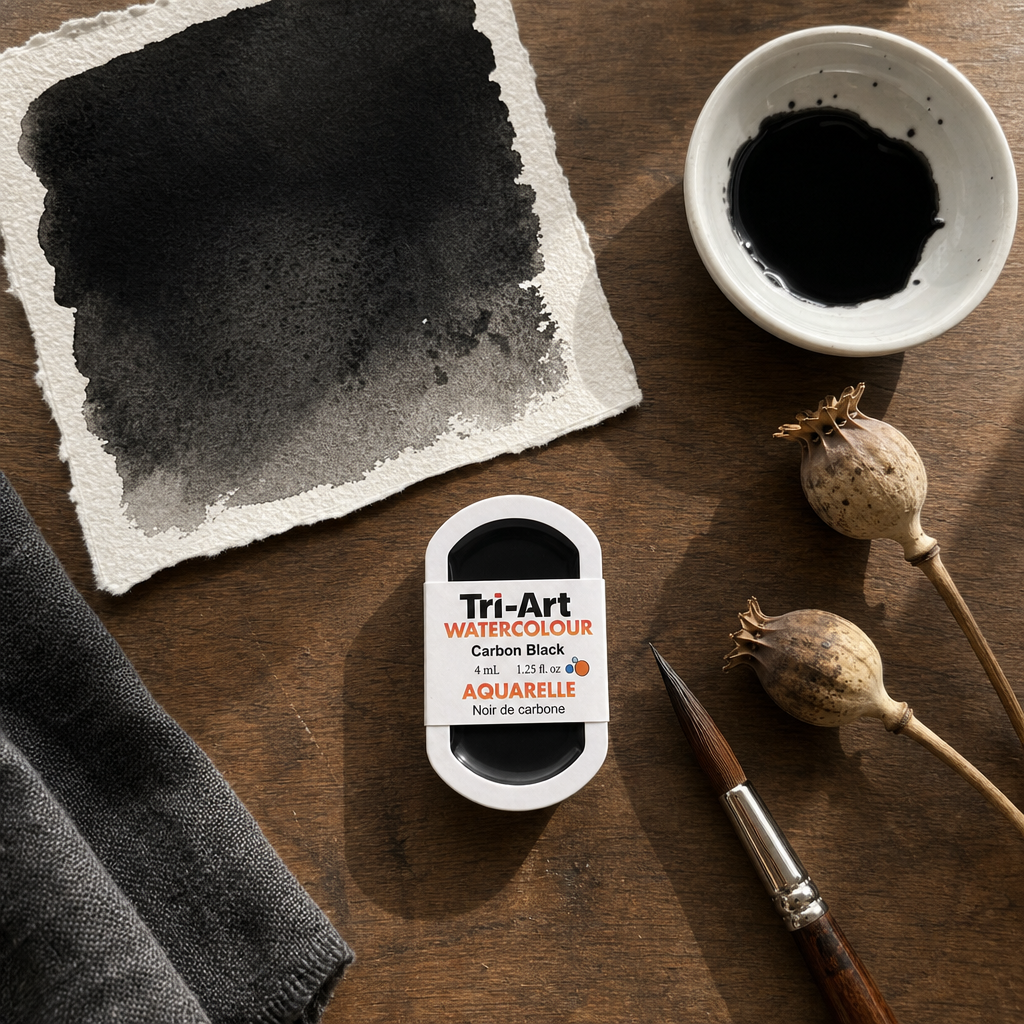 Tri-Art Watercolour pan Carbon Black opaque pigment PBk7 Series 1 — dark walnut flat lay with swatch