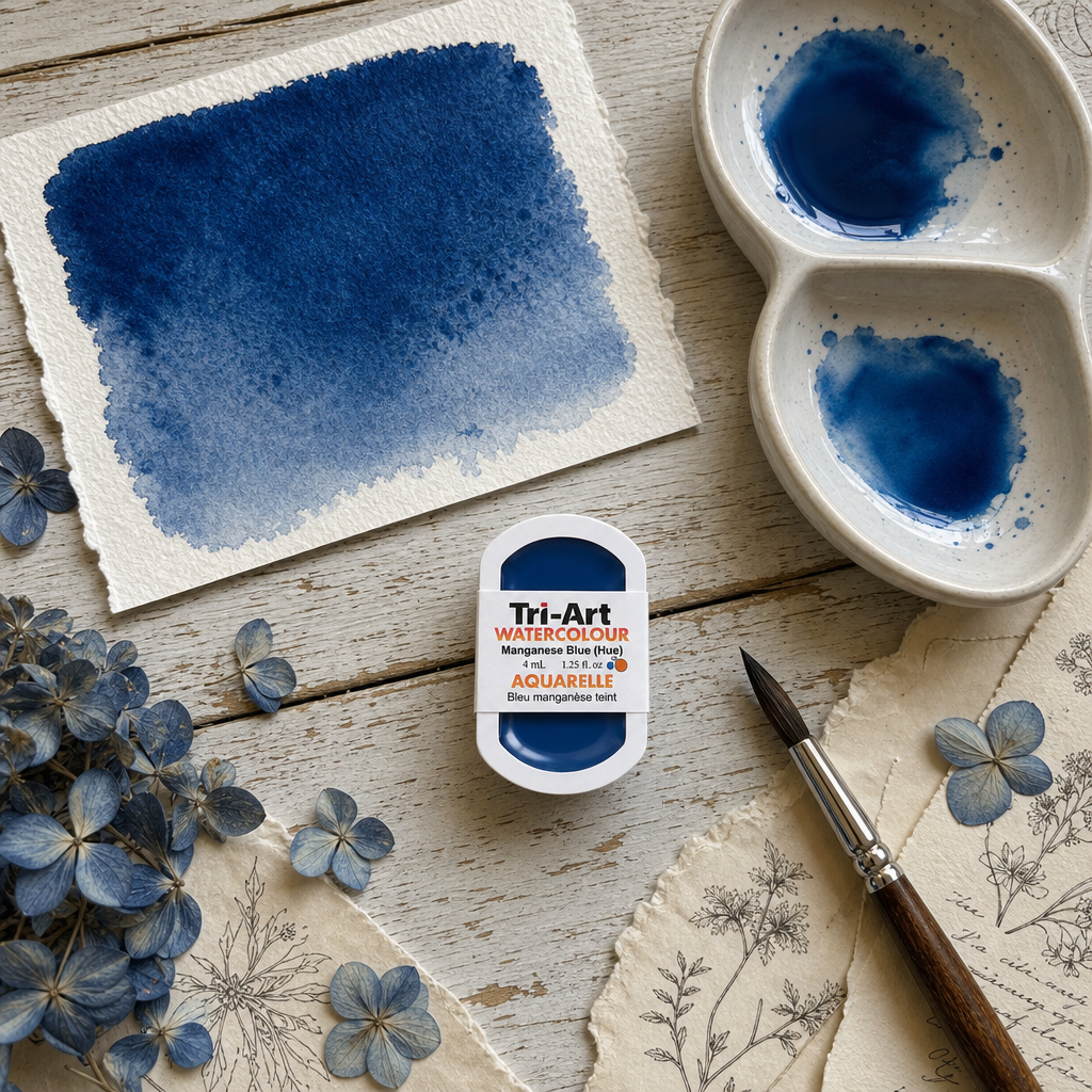 Tri-Art Watercolour pan Manganese Blue (Hue) with painted swatch and dried hydrangea props, Series 1