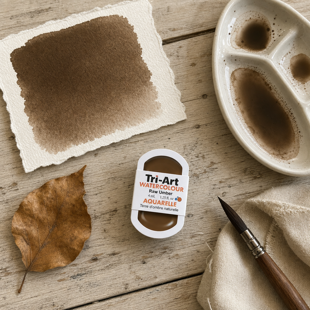 Tri-Art Watercolour pan Raw Umber, opaque earth tone, Series 1, 4mL half pan for watercolour painting