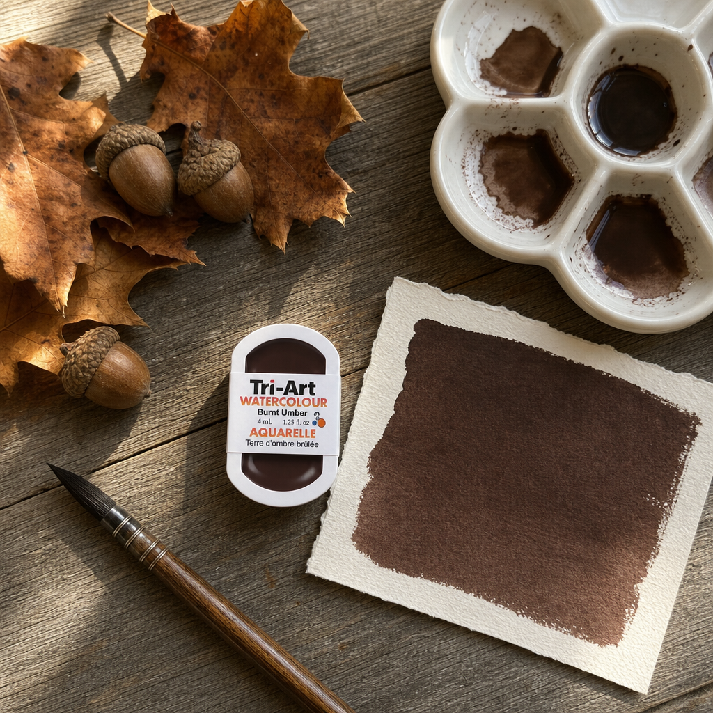 Tri-Art Watercolour pan in Burnt Umber #4e3e37, Series 1, semi-opaque earth tone, 4mL pan