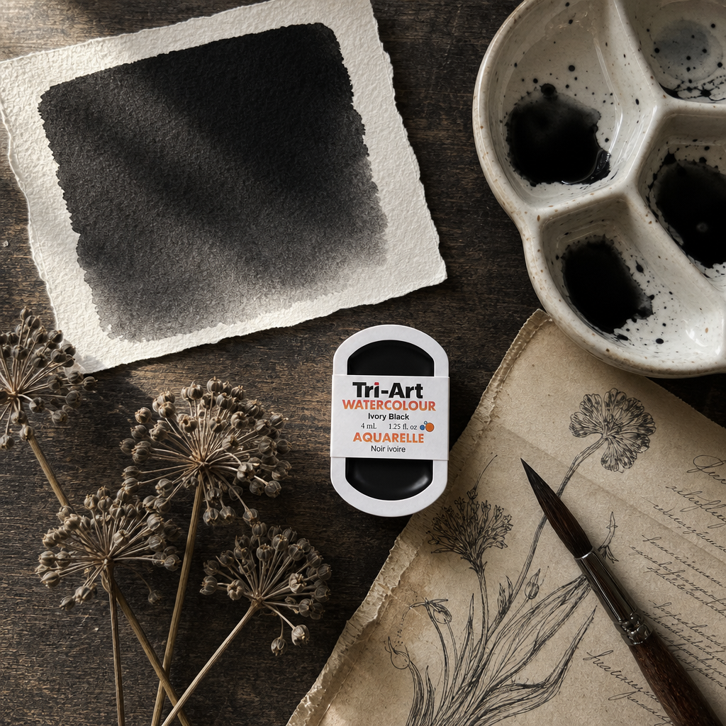 Tri-Art Watercolour pan Ivory Black semi-opaque watercolour paint, Series 1, 4mL