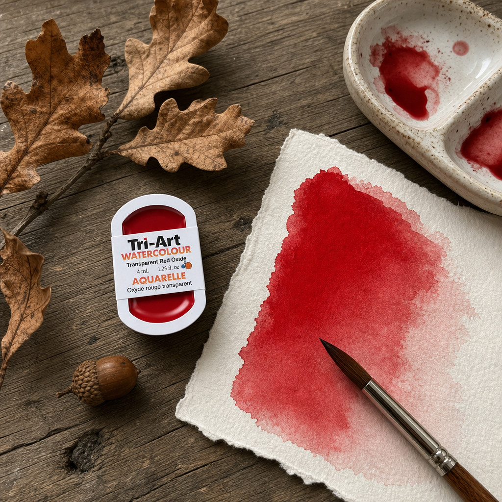 Tri-Art Watercolour pan in Transparent Red Oxide, deep crimson wash swatch on cotton paper, flat lay on weathered wood