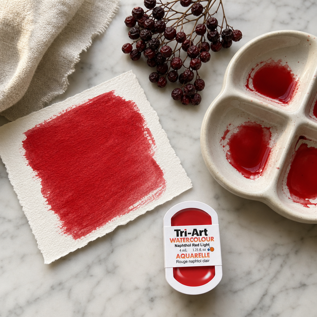 Tri-Art Watercolour pan Naphthol Red Light #d01a1b semi-opaque watercolour pan styled flat lay on marble