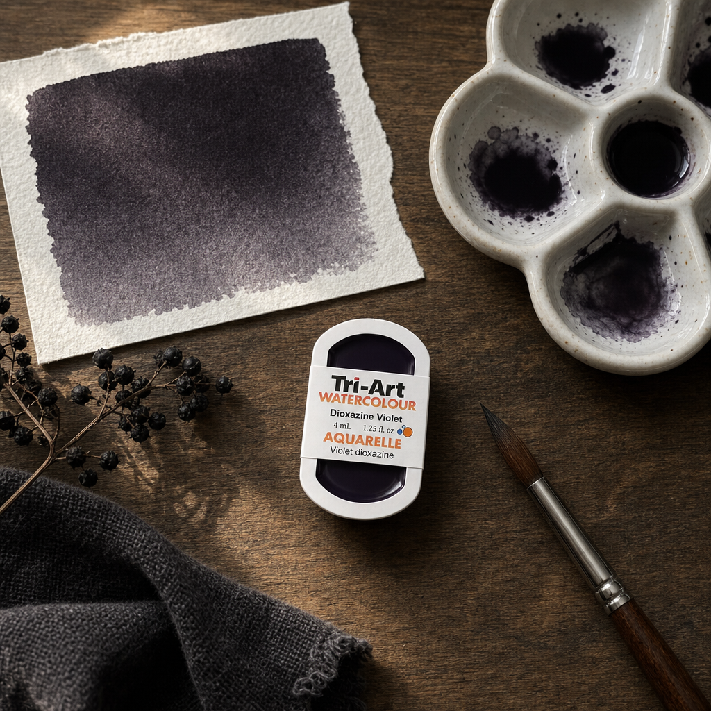 Tri-Art Watercolour pan Dioxazine Violet transparent PV 23 Series 2 — styled flat lay with elderberry and ceramic palette