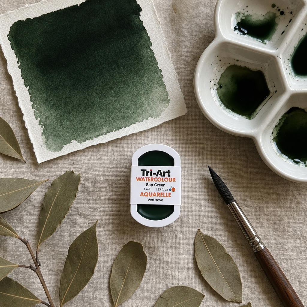 Tri-Art Watercolour pan Sap Green 4mL transparent artist watercolour, deep forest green wash swatch