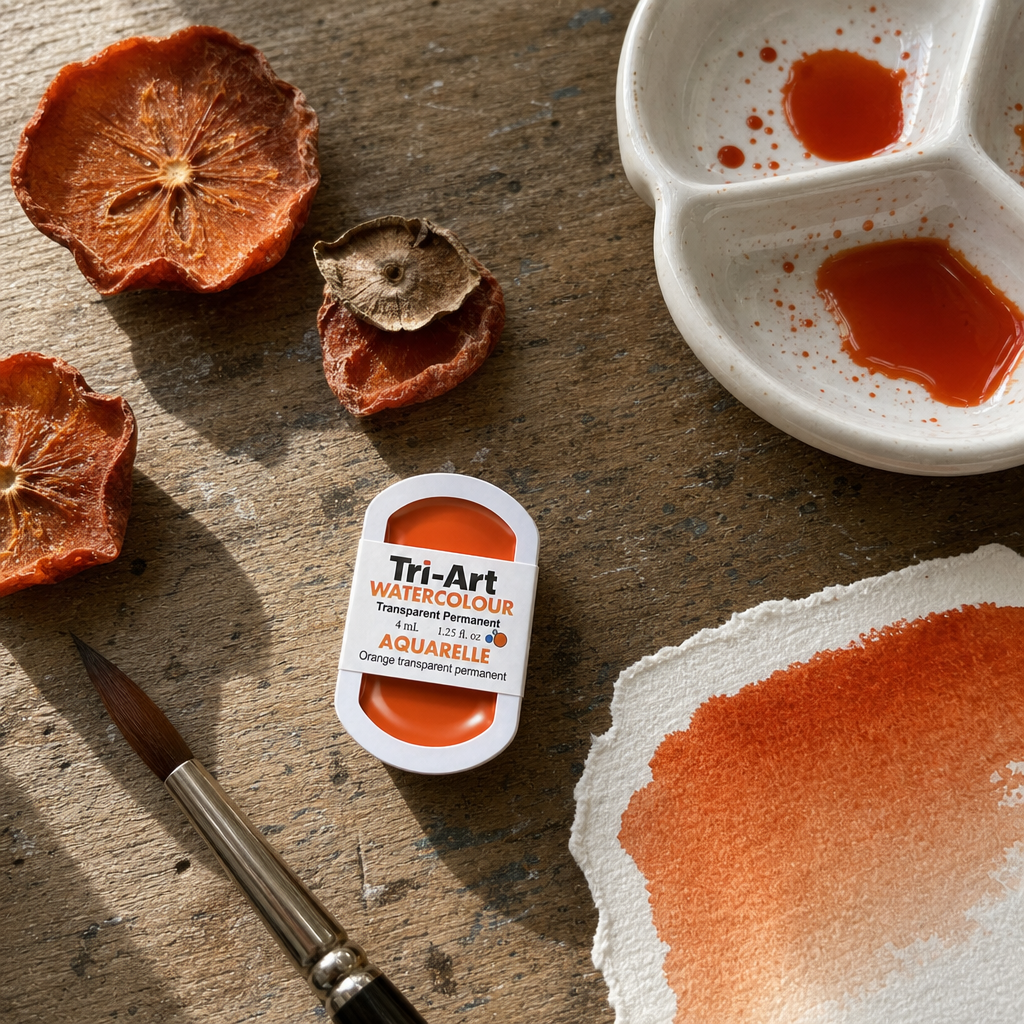 Tri-Art Watercolour pan Transparent Permanent Orange, 4mL — warm deep orange watercolour pan flat lay with dried persimmon props