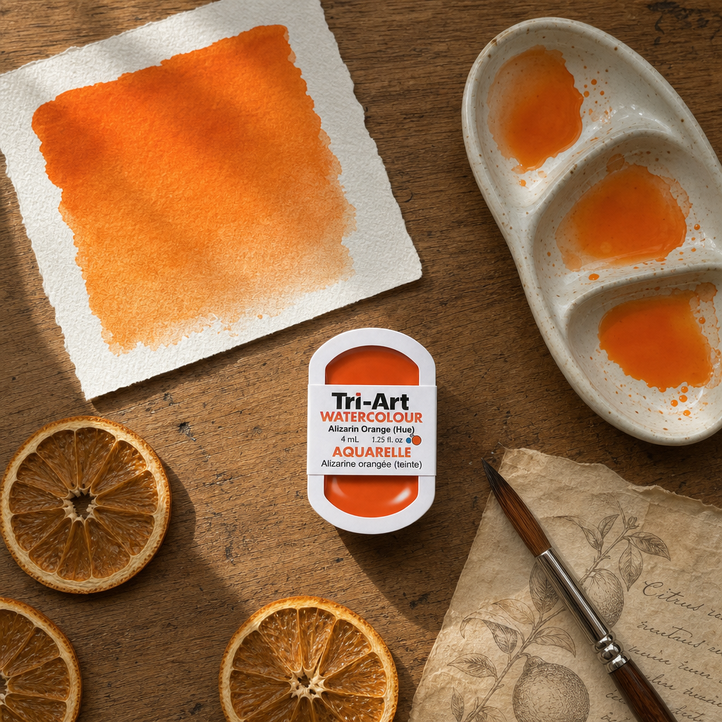 Tri-Art Watercolour pan India Yellow #ef792a transparent PY 110 Series 3 styled flat lay on warm oak