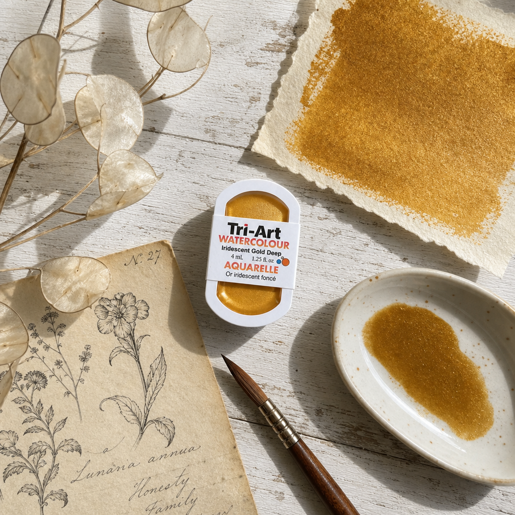 Tri-Art Watercolour pan Iridescent Gold Deep semi-opaque Series 2 watercolour paint in warm deep gold #ad7a38