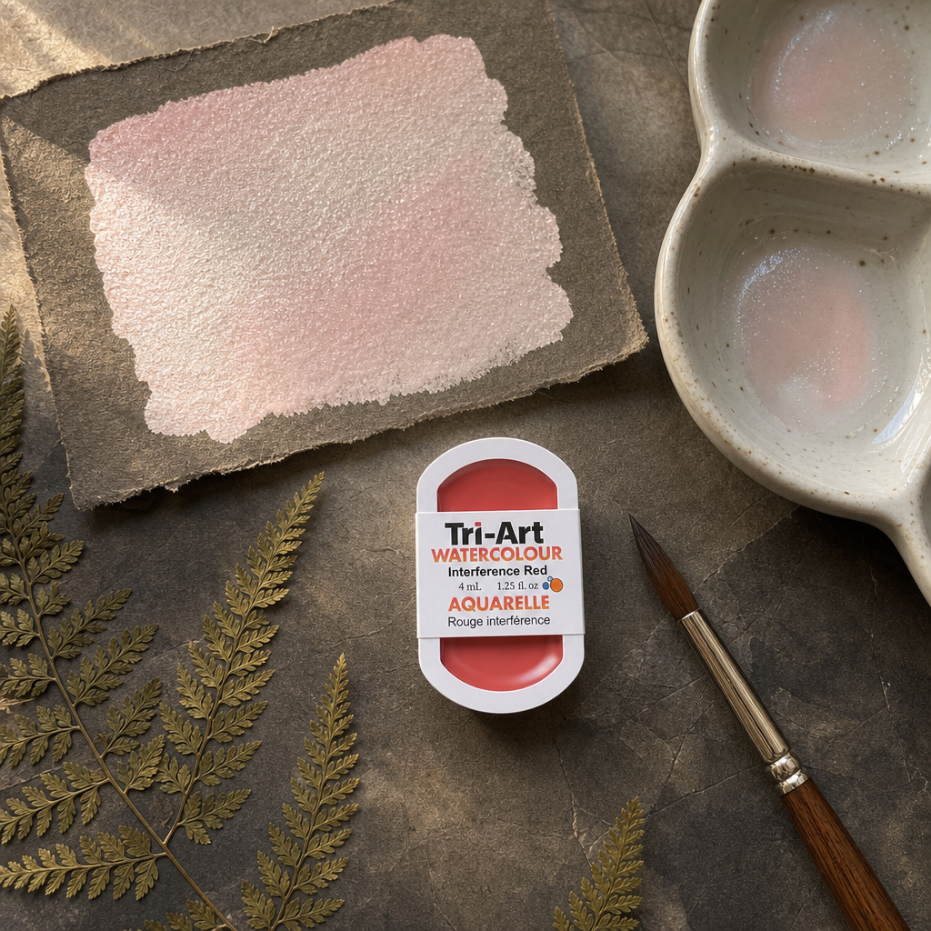 Tri-Art Watercolour pan Interference Red transparent Series 2 with iridescent blush swatch and ceramic palette