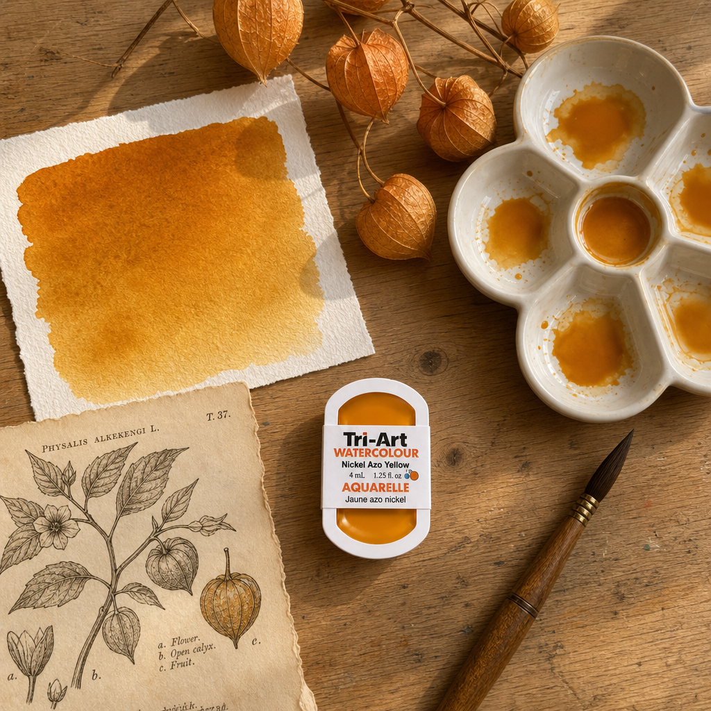 Tri-Art Watercolour pan Nickel Azo Yellow transparent watercolour, warm amber swatch, physalis botanicals on pine