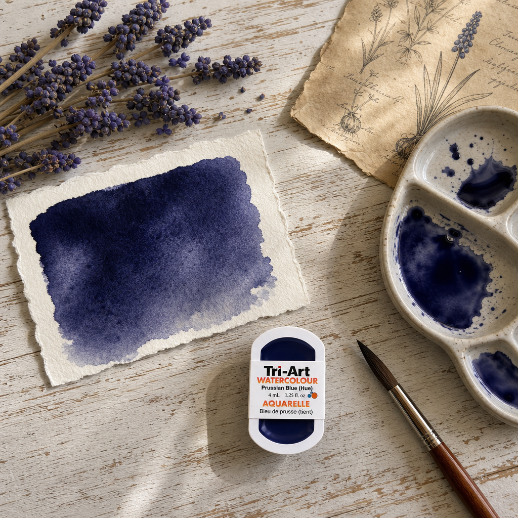 Tri-Art Watercolour pan Prussian Blue (Hue) transparent wash flat lay with muscari botanicals on whitewashed wood