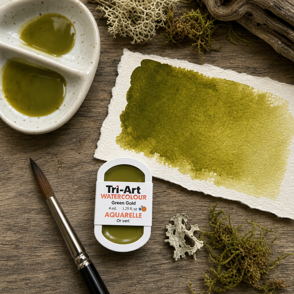 Tri-Art Watercolour pan in Green Gold #5d7316 — transparent olive-gold watercolour paint, series 2
