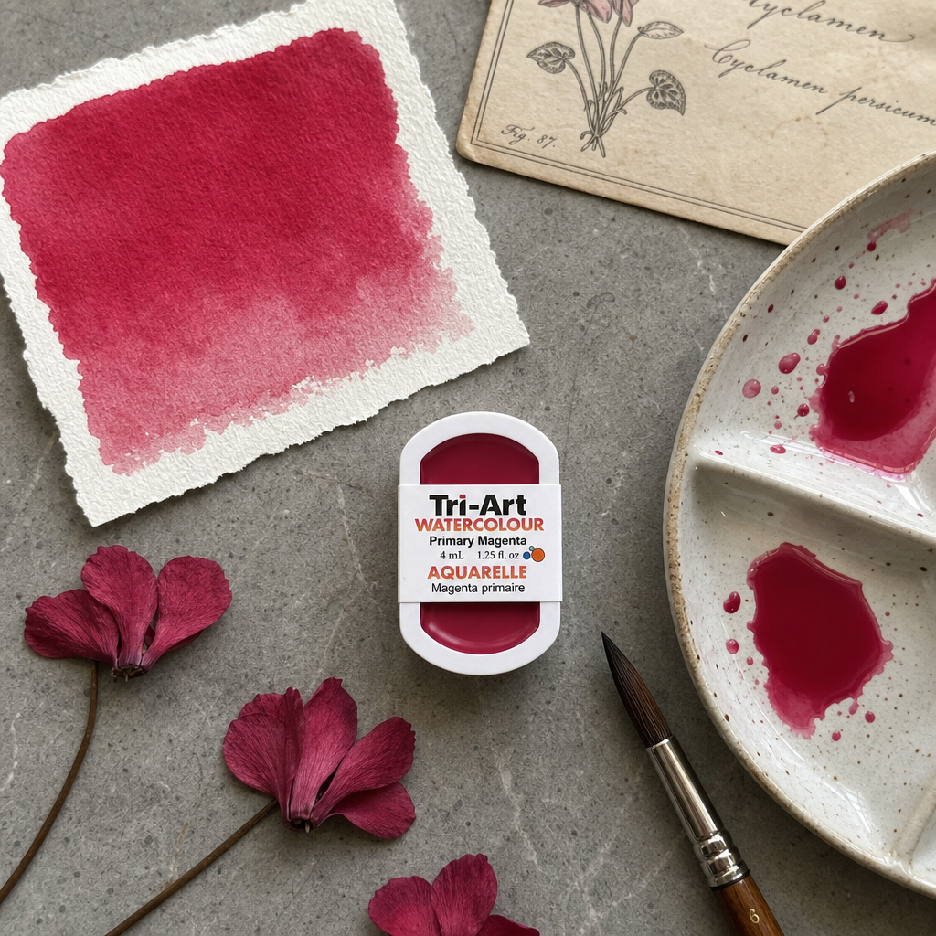 Tri-Art Watercolour pan Primary Magenta #bb1b52 semi-opaque watercolour paint, 4mL half pan