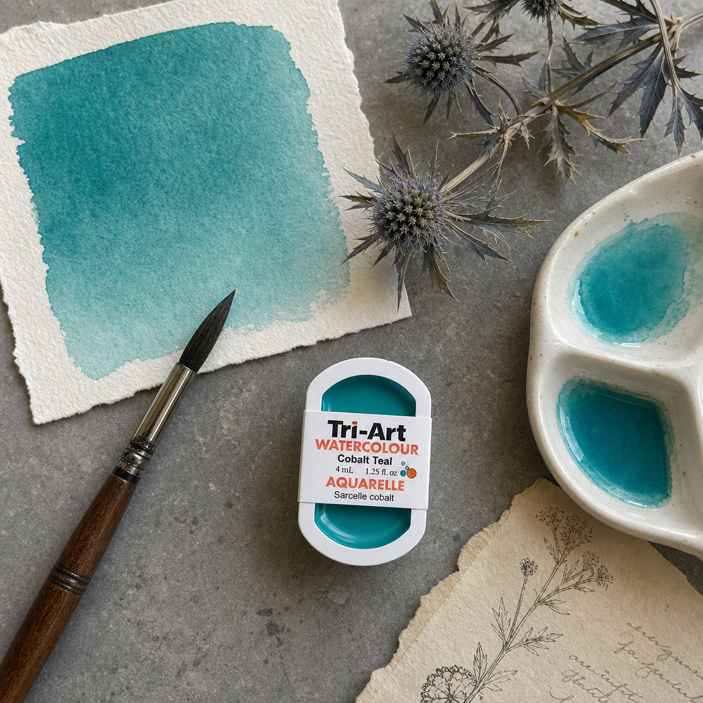 Tri-Art Watercolour pan Cobalt Teal #00a8ab semi-opaque artist watercolour pan with teal swatch and botanicals