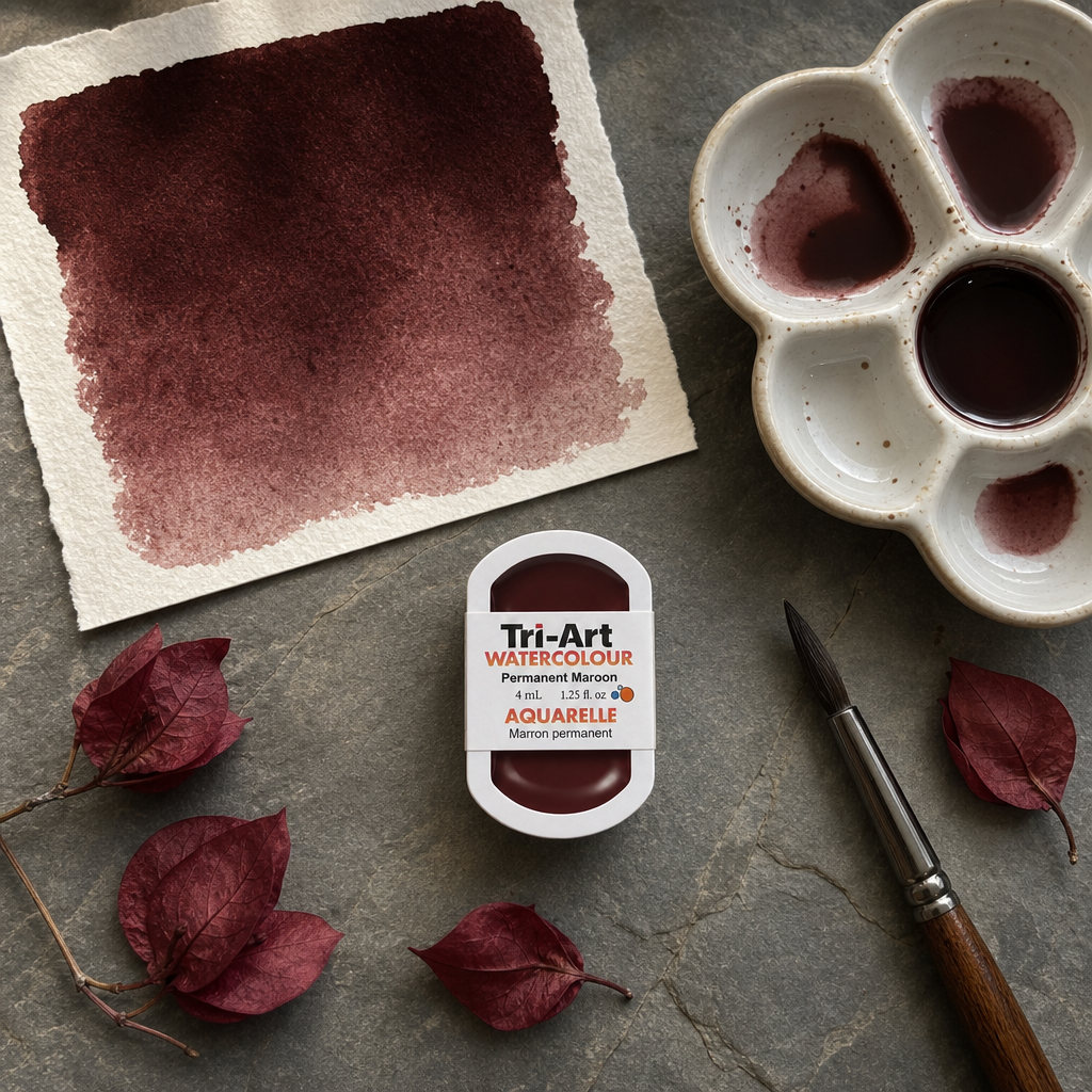 Tri-Art Watercolour pan Permanent Maroon 4mL — deep transparent maroon watercolour, Series 2