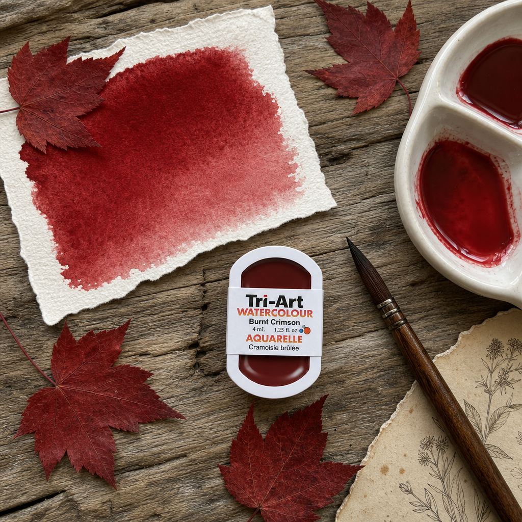 Tri-Art Watercolour pan in Burnt Crimson #731518 transparent watercolour, Series 3, with crimson swatch on cotton paper