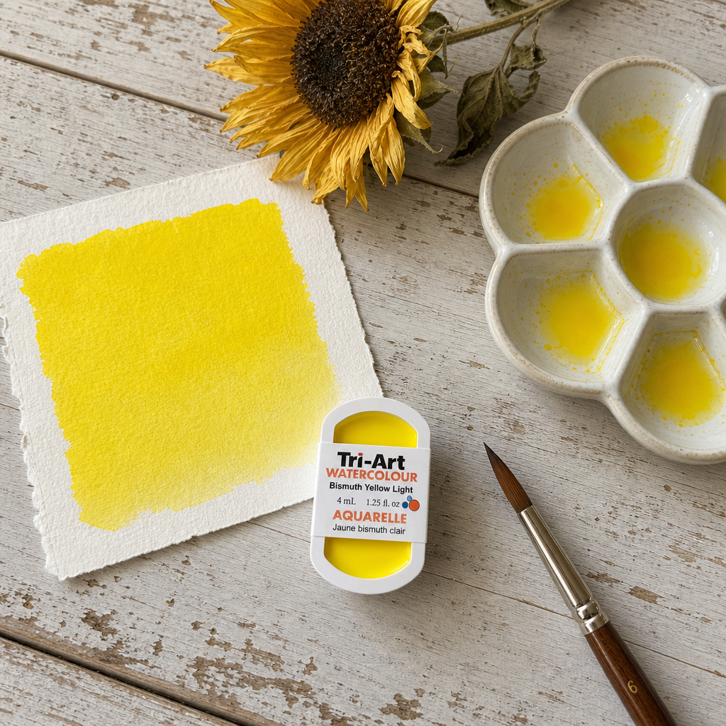 Tri-Art Watercolour pan Bismuth Yellow Light opaque watercolour paint, vivid lemon yellow #f6e700, Series 3