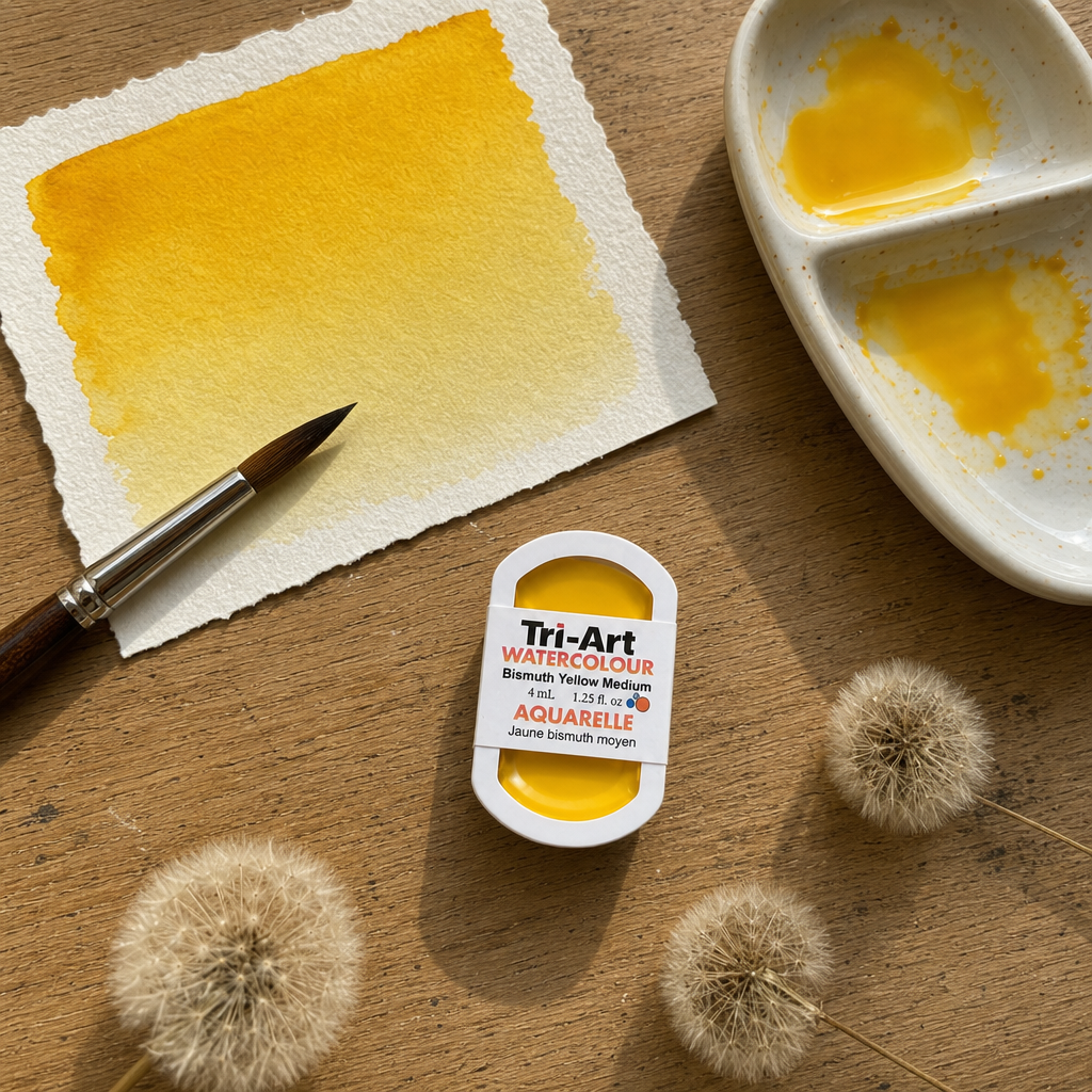 Tri-Art Watercolour pan Bismuth Yellow Medium #fed100 opaque golden yellow artist paint, 4mL