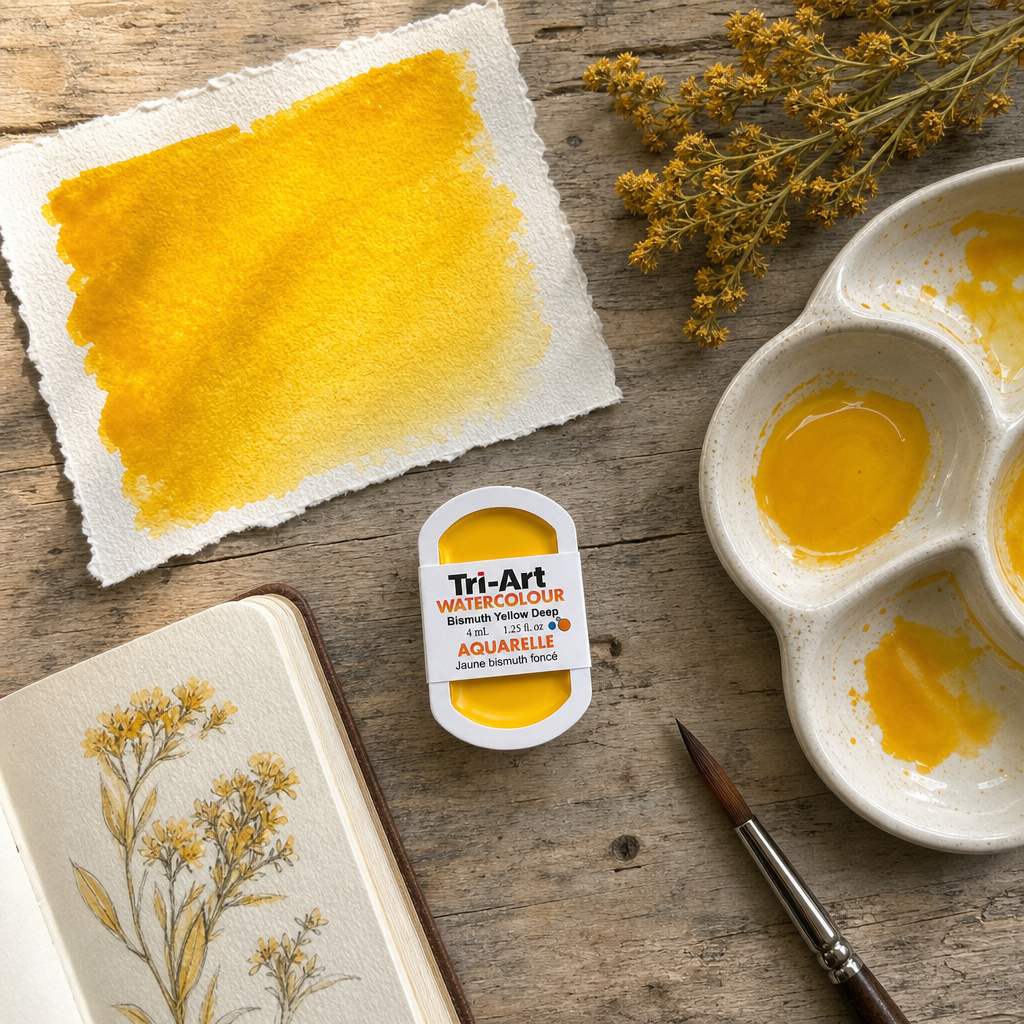 Tri-Art Watercolour pan Bismuth Yellow Deep #ffc400 opaque watercolour paint, 4mL half pan