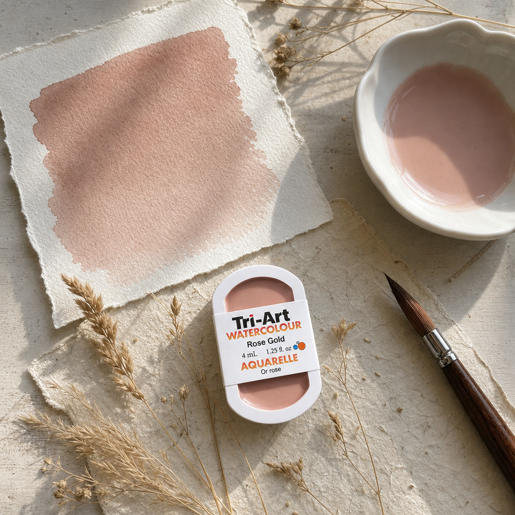 Tri-Art Watercolour pan in Rose Gold – semi-opaque, Series 1 – styled flat lay with painted swatch and dried botanicals