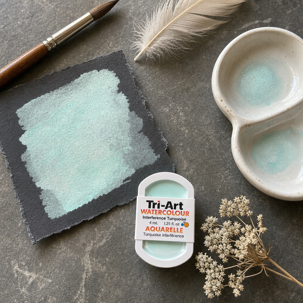 Tri-Art Watercolour pan Interference Turquoise — transparent iridescent aqua pigment, Series 2, 4mL