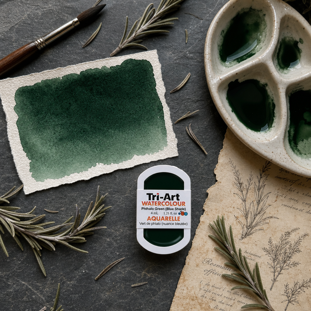 Tri-Art Watercolour pan Phthalo Green YS, transparent PG 36 Series 2 watercolour pan styled flat lay