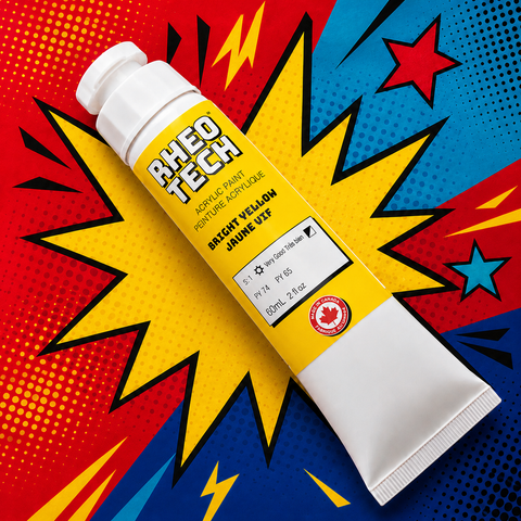 A rheotech acrylic paint tube on a colorful background with comic book style elements.