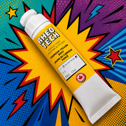 Rheo Tech acrylic paint tube on a colorful comic book style background