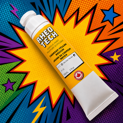 Rheotech acrylic paint tube on a colorful comic book style background