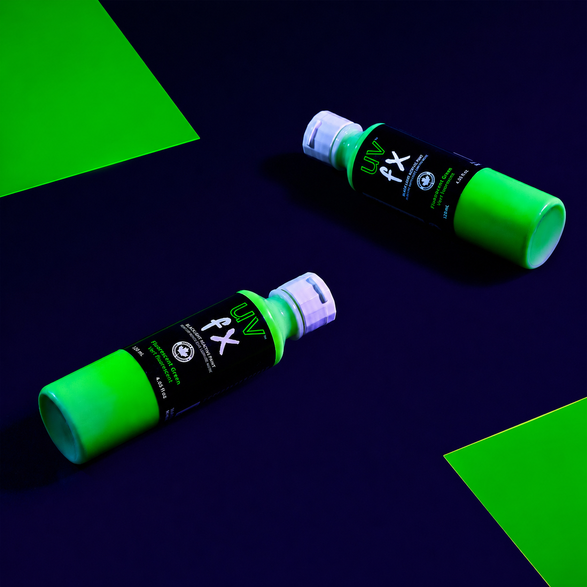 Two bottles of UV PX on a dark background with green accents