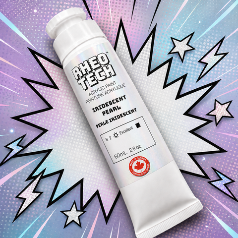 A tube of Rheotech acrylic paint on a colorful background with stars and lightning bolts.