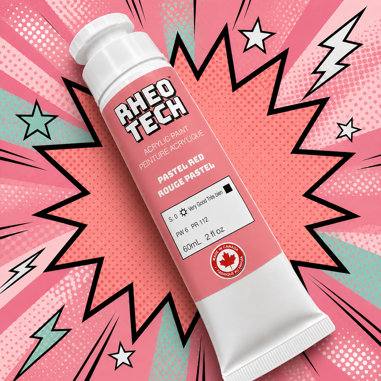 A tube of Rheo Tech acrylic paint on a colorful background with stars and lines.