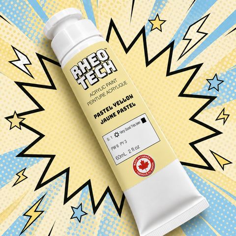 Rheo Tech acrylic paint tube on a colorful background with stars and lightning bolts.