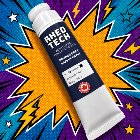 RHEO TECH acrylic paint tube on a colorful comic book style background