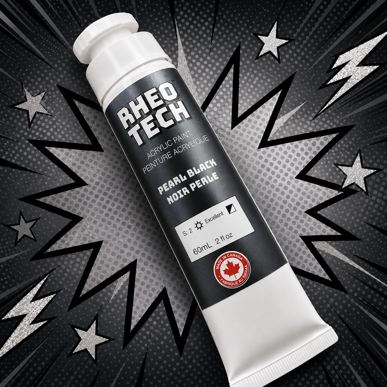 Rheo Tech acrylic paint tube on a dynamic background with stars and lightning bolts.
