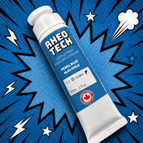 Rheo Tech acrylic paint tube on a blue background with star and lightning designs