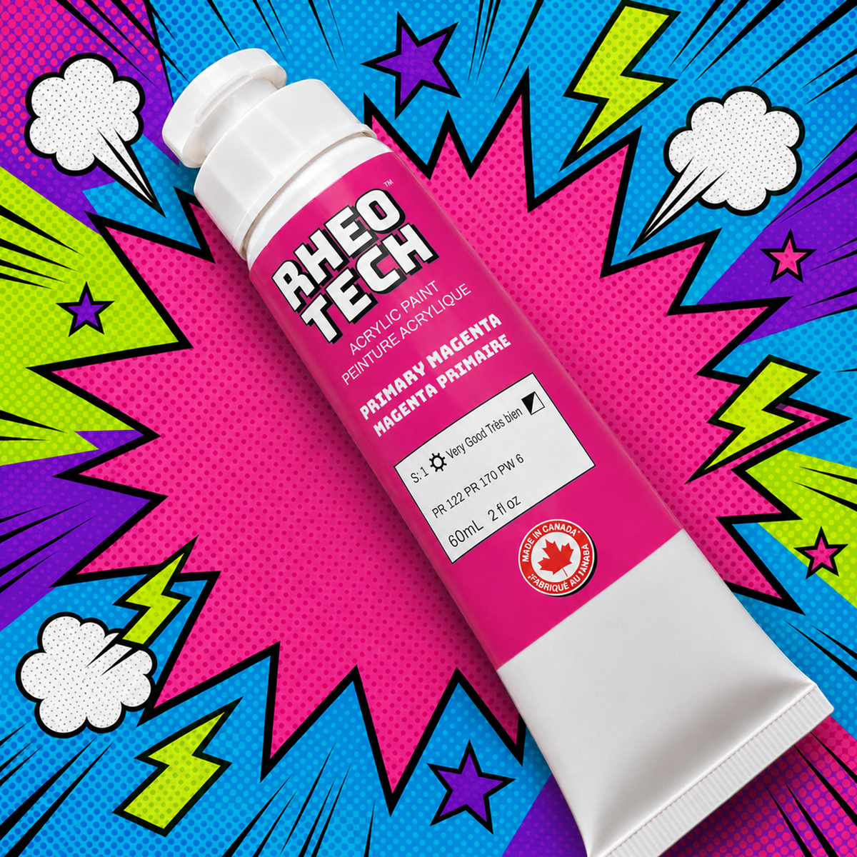 A tube of Rheotech acrylic paint on a colorful comic book style background