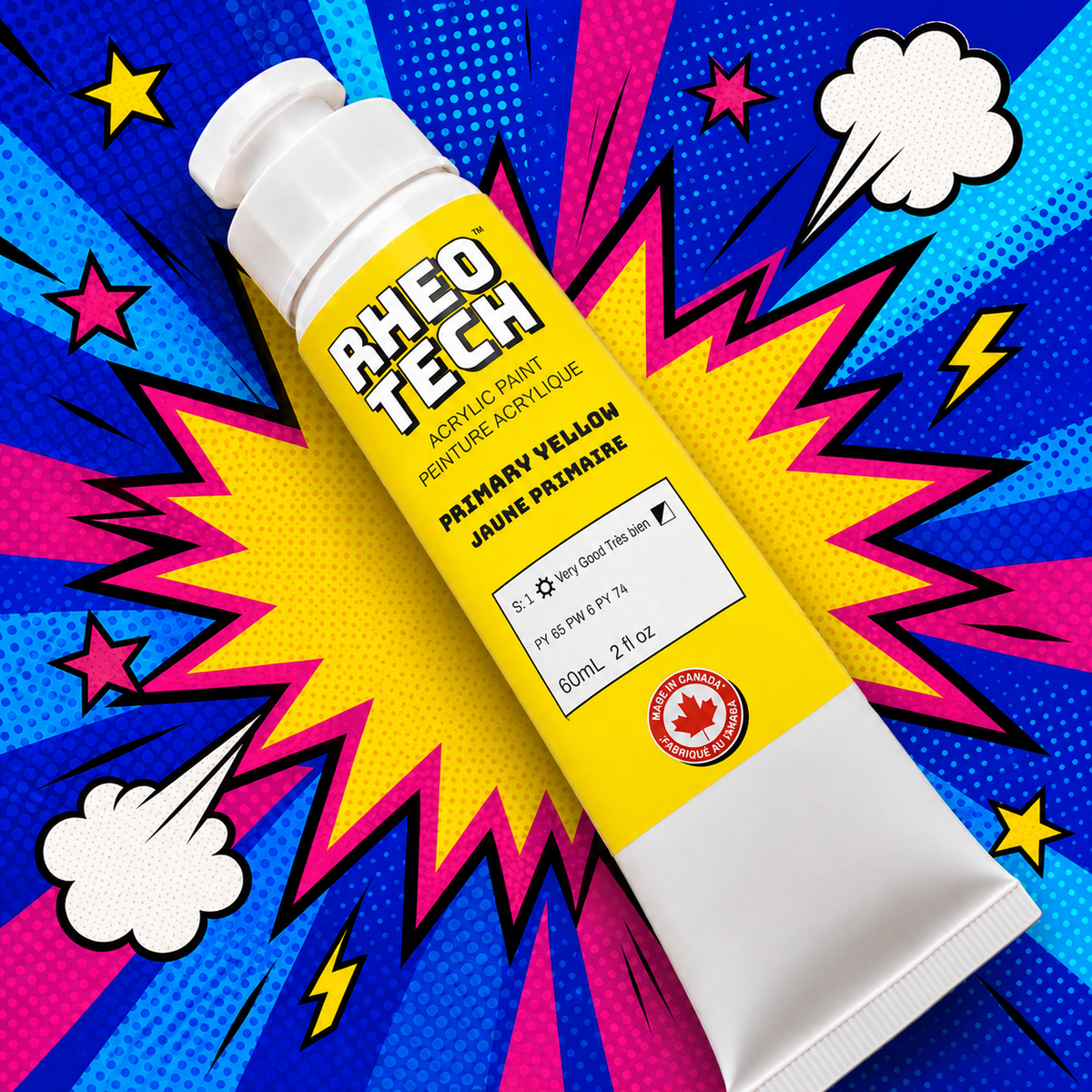 Rheo Tech acrylic paint tube on a colorful abstract background