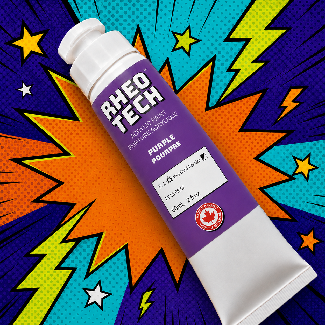 Rheo Tech acrylic paint tube on a colorful comic book style background