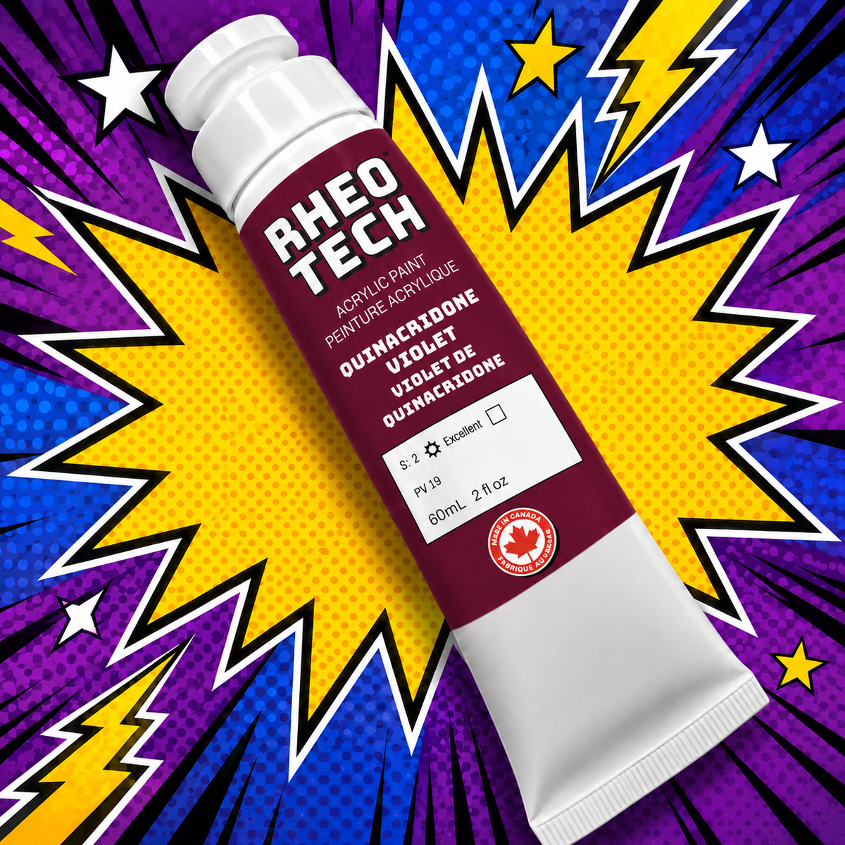 Rheo Tech acrylic paint tube on a colorful comic book style background