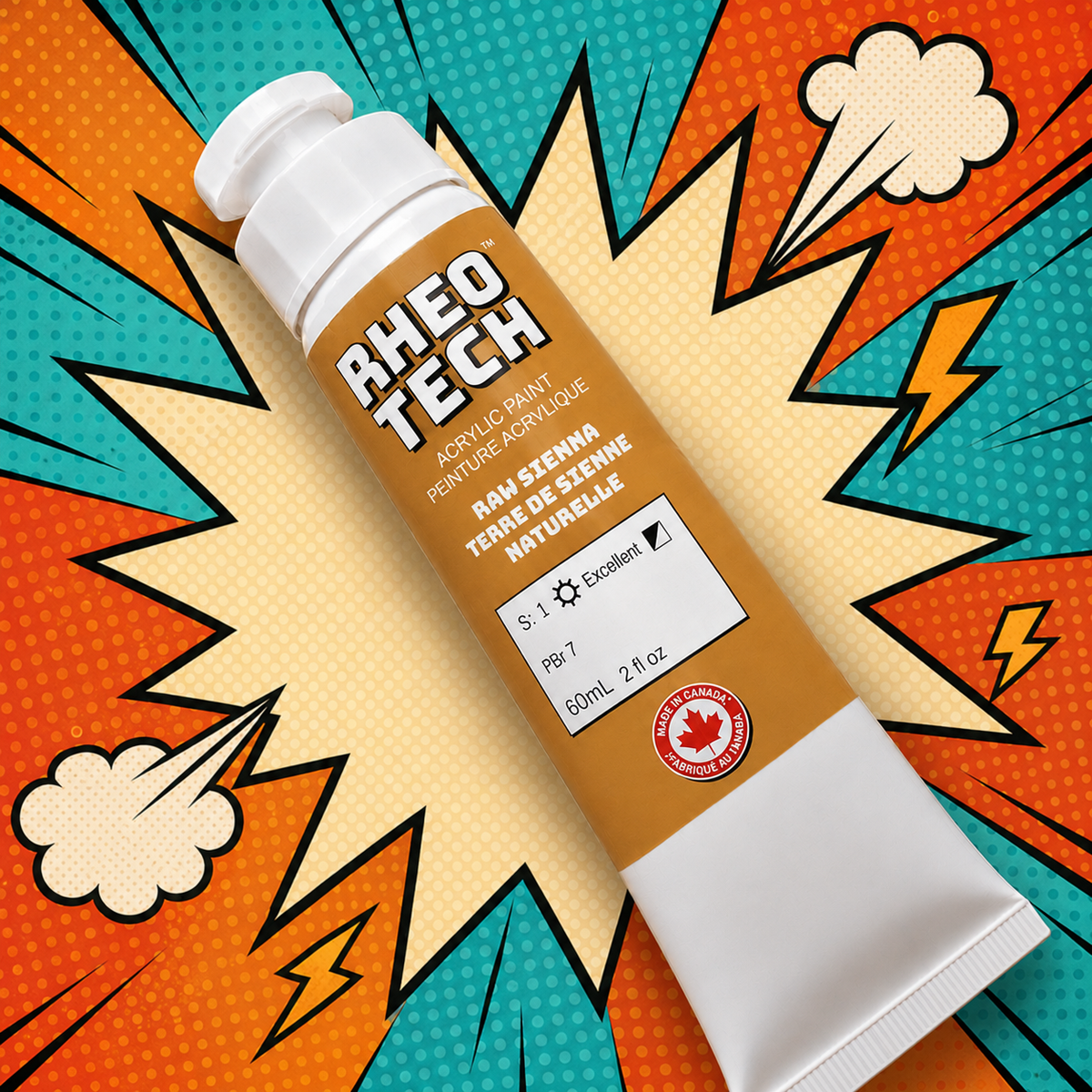 Rheo Tech paint tube on a colorful comic book style background